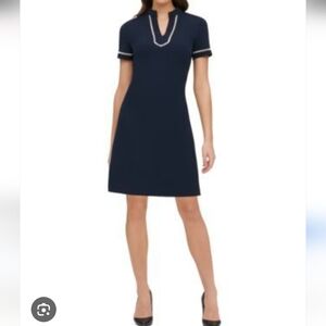 Tommy Hilfiger Blue and White Sheath Split V-neck Collar Midi Dress